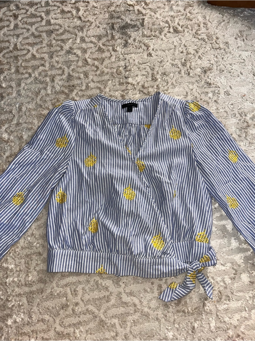 J. Crew 100% cotton Blue Stripe Wrap Top with Yellow embroidered Pineapple small